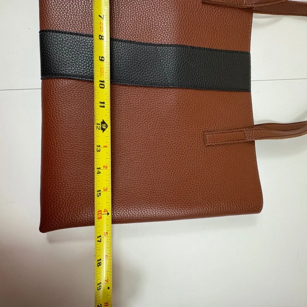 Vince Camuto Brown‎ Pebbled Leather Tote Bag Black Stripe Work Bag